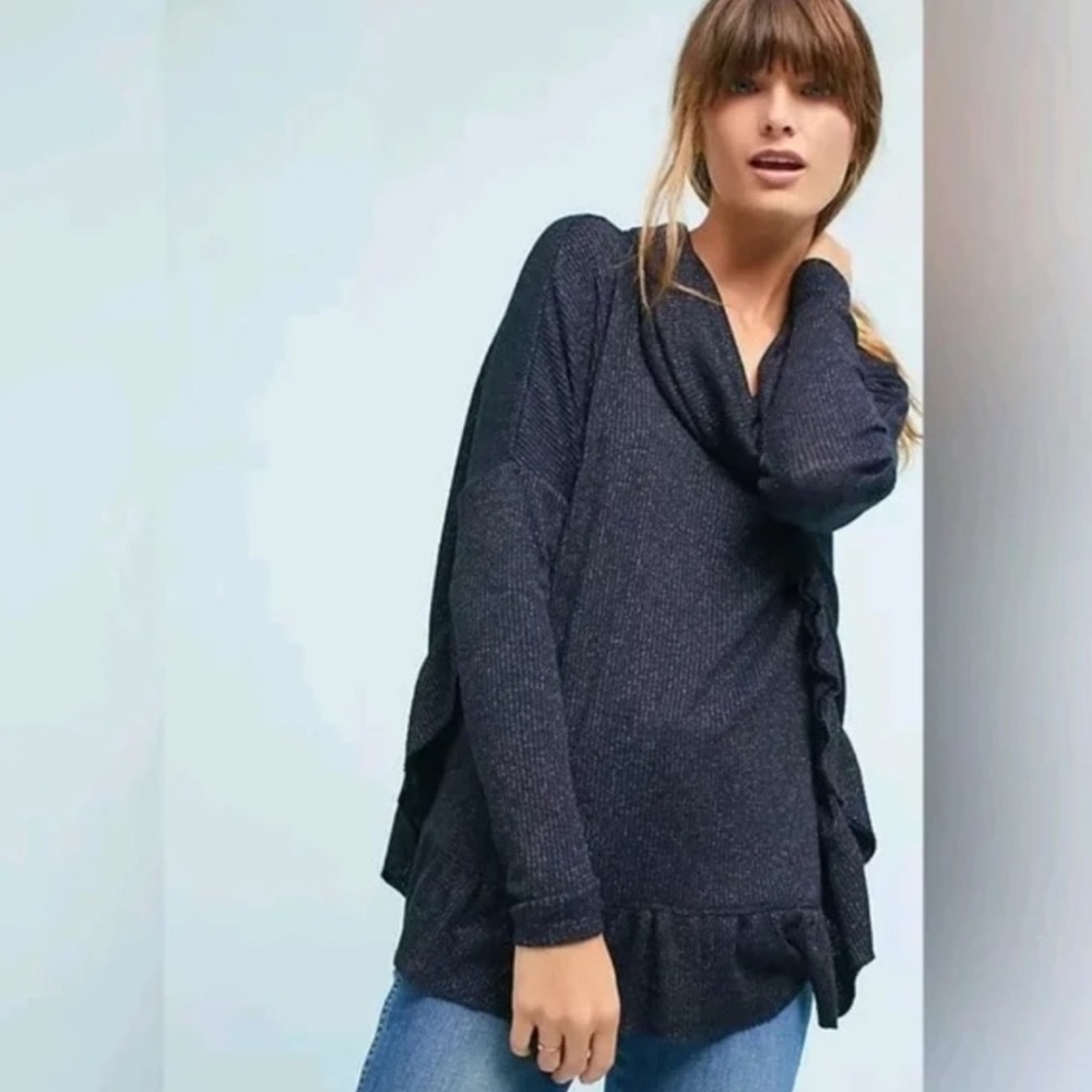 Anthro Postmark Orley Ribbed Knit Metallic Ruffle Cowl Neck Sweater in Navy Blue